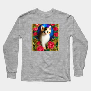 Kitten In Roses Portrait Long Sleeve T-Shirt